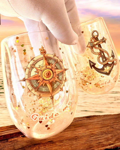 Sklenené "Nautical Dreams" s dvojitými stenami a zlatými lupienkami - súprava 2 ks, 300 ml objem, možnosť personalizácie gravírovaním.