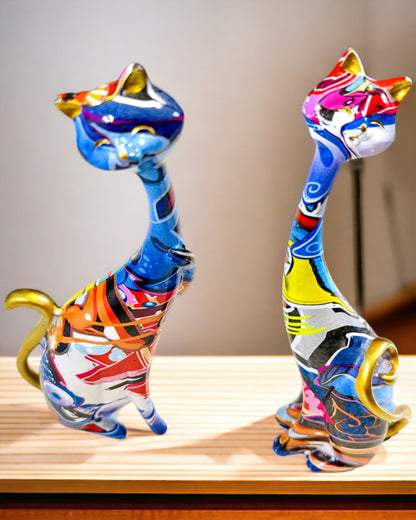 Figúrky Abstraktných Mačiek "ArtCats", Ručne Maľované, Živica – 25 cm, 2 ks.