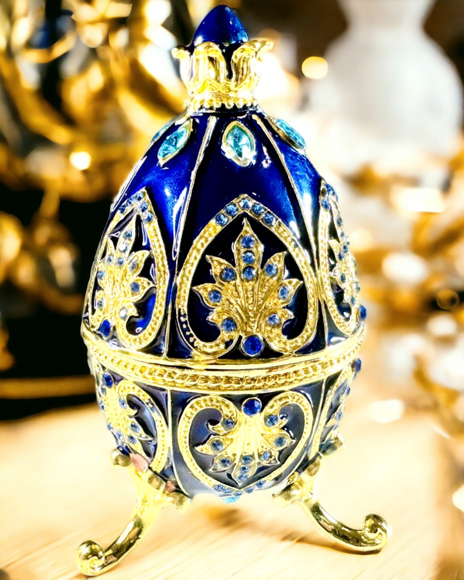 Exkluzívne Fabergého vajce - farba tmavomodrá – Dekoratívna krabička na šperky z emálie