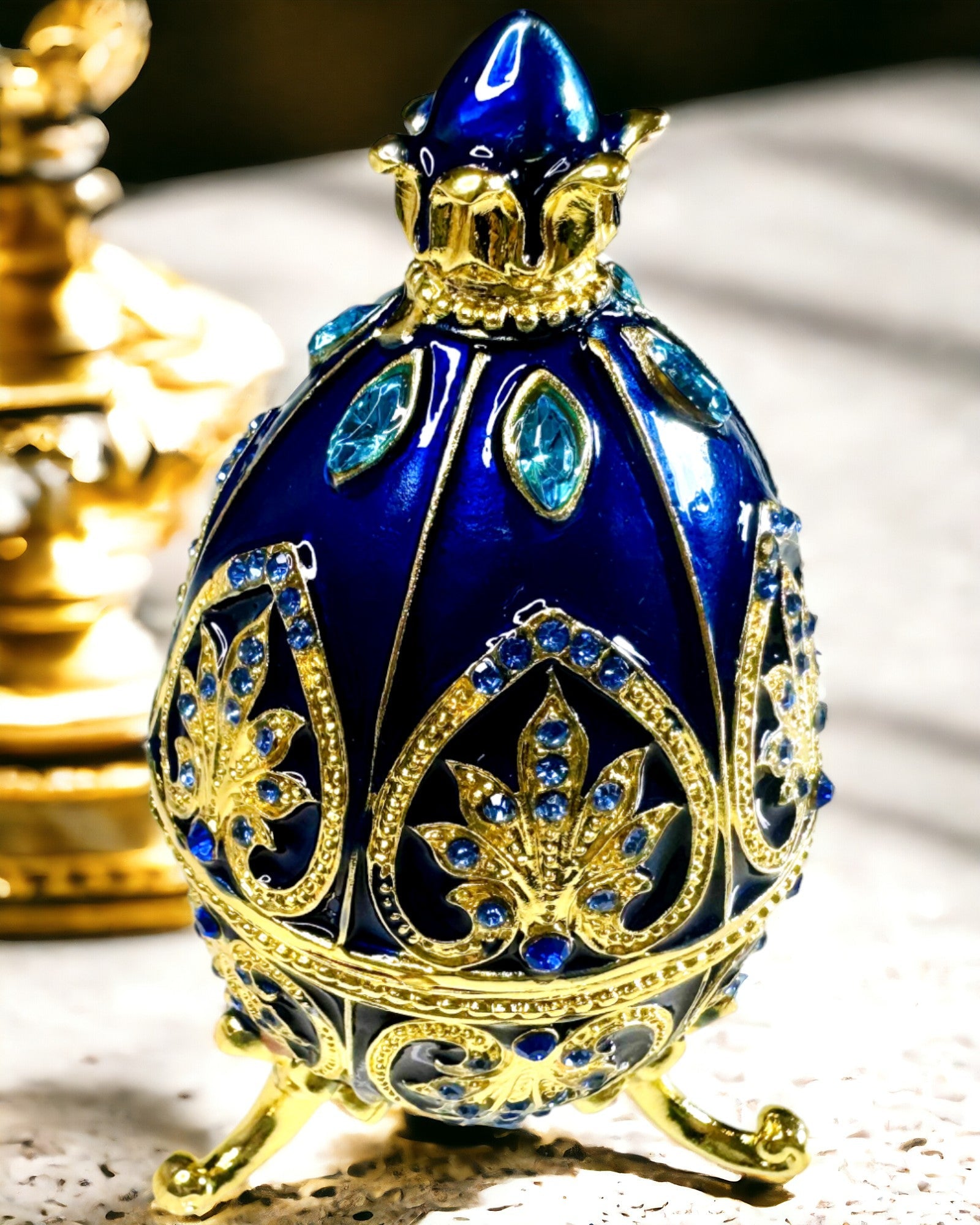 Exkluzívne Fabergého vajce - farba tmavomodrá – Dekoratívna krabička na šperky z emálie